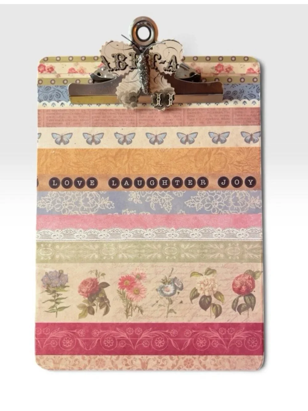 Handcrafted CLIPBOARD Upcycled Decopage Butterfly LOVE LAUGHER JOY 12 x 9